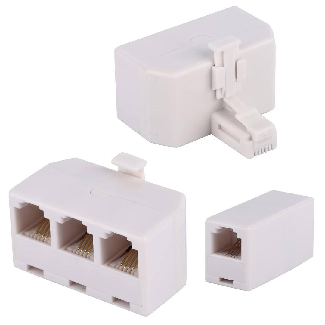 LanSenSu 2+1Pack 2pcs Phone Jack Splitter RJ11 6P4C Male to Females and 1pc Phone Line Coupler for Landline and Fax -Beige (3 Way)