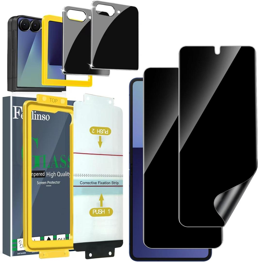 Ferilinso [Auto Dust Install] 2 Pack Inside Privacy Screen Protector for Samsung Galaxy Z Flip 7 [Phone Case Friendly], Anti-Spy Film with 2 Pack Front Tempered Glass Accessories