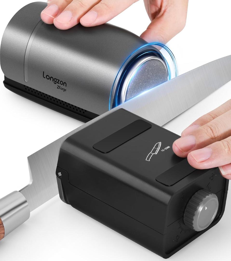 Longzon ZForge Electric Rolling Knife Sharpener Adjustable 1025 Angles, Easy Sharpening, Professional Kitchen Knife Sharpener Kit with Diamonds Discs for All Kitchen Knife Sets