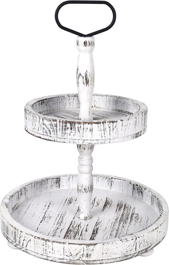 Rustic Wooden Tiered Tray, Farmhouse Decorative Tray, Round Serving Tray with Metal Handle for Home Kitchen Shelf Dinning Table Seasonal Holiday Decorations, White