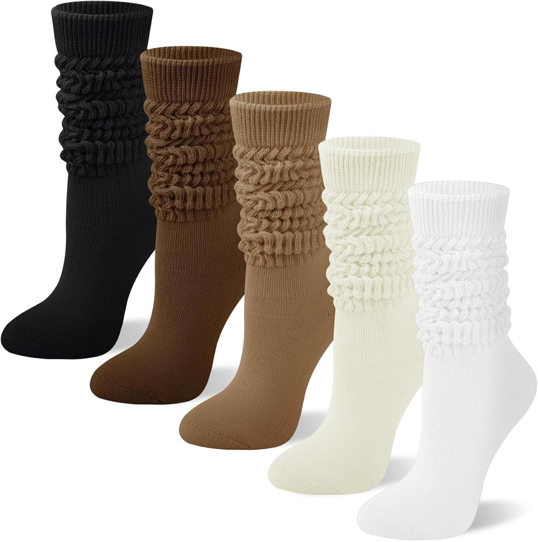 5 Pairs Slouchy Socks for Women, Soft Cotton Long Scrunch Tube Stockings, Casual Crew Boot Thick Knit Slouch Socks (Black, Coffee, Camel, Beige, White)