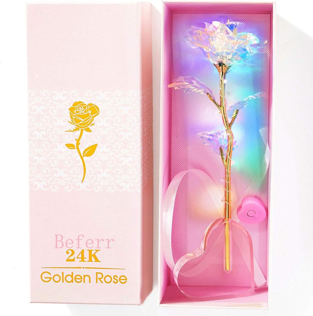 Beferr Mothers Day Rose Gifts for Mom Women Galaxy Rose Glass Crystal Flowers with Heart-Shaped Base Eternal Roses Forever Flowers Mother's Birthday Gifts for Grandma Daughters Wife Sister Kids (Colorful Rose-led)