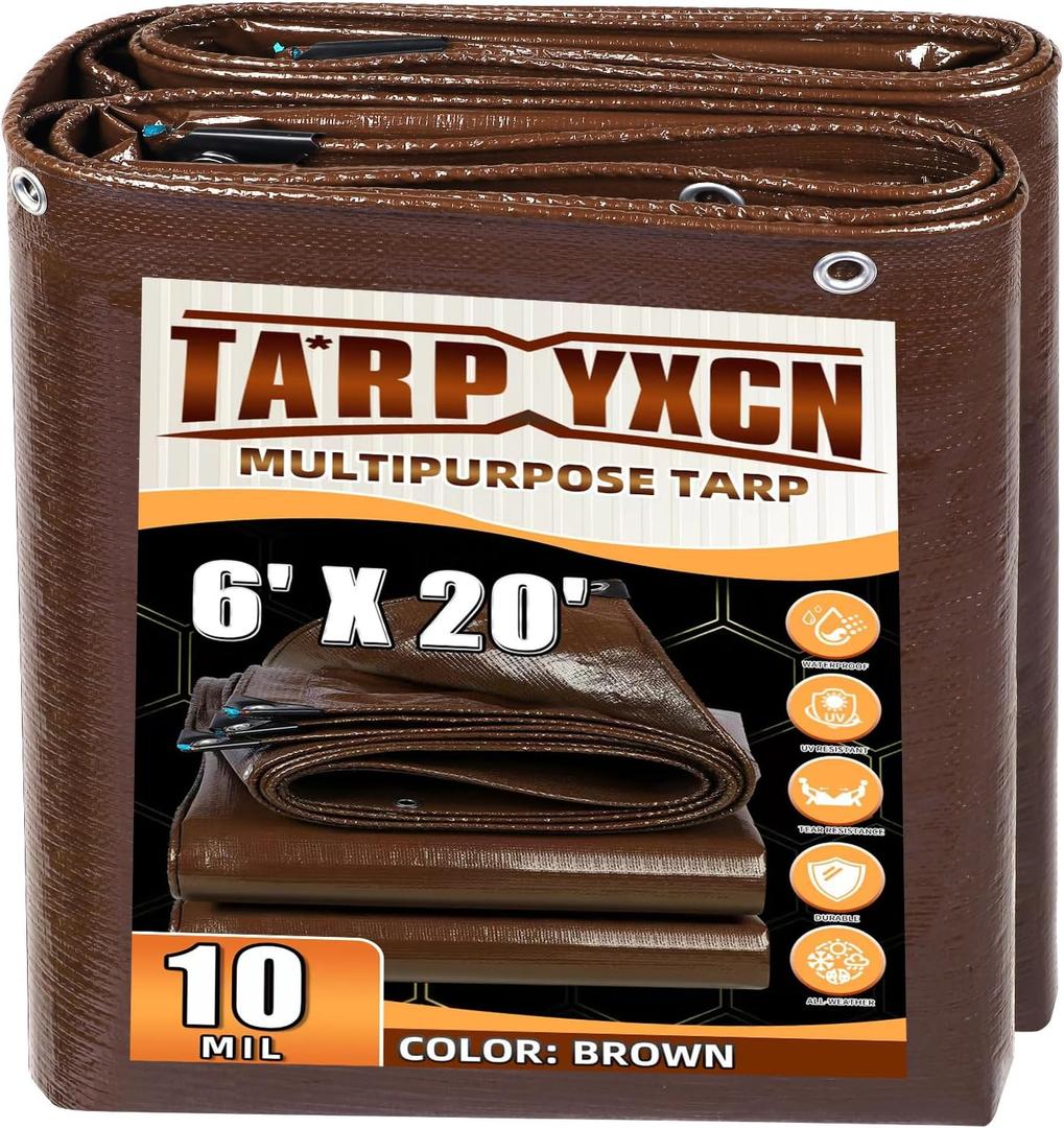 Brown Tarp 6x20 Feet, 10 Mil Thick Waterproof Poly Tarps Cover UV Resistant, Rip & Tear Proof with Metal Grommets Every 20 Inches