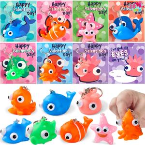 JOYIN 28 Packs Valentine's Day Gift Cards with Sea Animal Unzip Popping Eyes Keychains for Kids Party Favor Prizes, Classroom Exchange Gifts, Valentines Greeting Cards