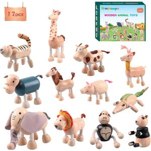 12PCS Bendable Wooden Animal Toys, Fun and Posable Animal Toys Figures for Early Education, Safari Wood Toy for Kids, Smooth Natural Wood, Wood Animal Learning Toy for Children (12 Pack Zoo)