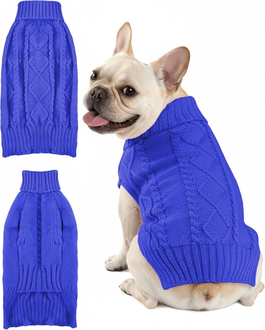 Dog Sweaters for  Dogs Cats, Soft Warm Turtleneck Pullover Solid Cable Knit Fleece Stretch Pet Clothes,Classic Fuzzy Coat for Puppy Girl Boys for Fall Winter Cold Weather (Royal Blue, M)