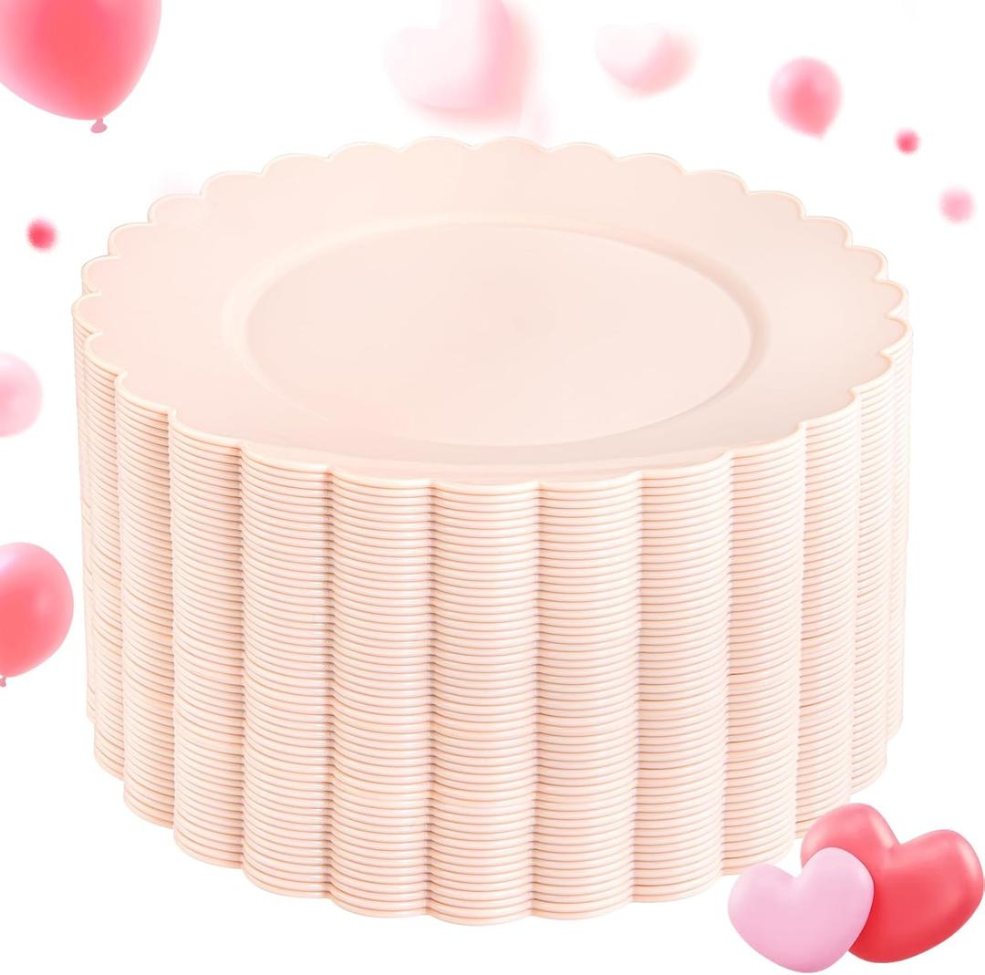 SUT 72-Count Pink Plastic Plates Disposable 10.25 Inch - Scalloped Edge Dinner Plates for Valentines Day, Parties, Birthdays, Weddings | Lightweight & Durable Disposable Dinnerware (72 Pack)