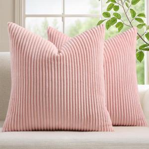 Mecatny Corduroy Decorative Throw Pillow Covers 16x16 Set of 2 for Sofa Bedroom Living Room, Stylish Soft Couch Pillow Covers for Home Decor, Pink