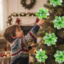 Zeyune 15 Pack Green Poinsettia Flowers Glitter Artificial Christmas Poinsettia Decor 5.5'' Plush Flowers Picks with Clips and Stems DIY for Xmas Tree Wreath Holiday Home Party Decor(Green Silver)