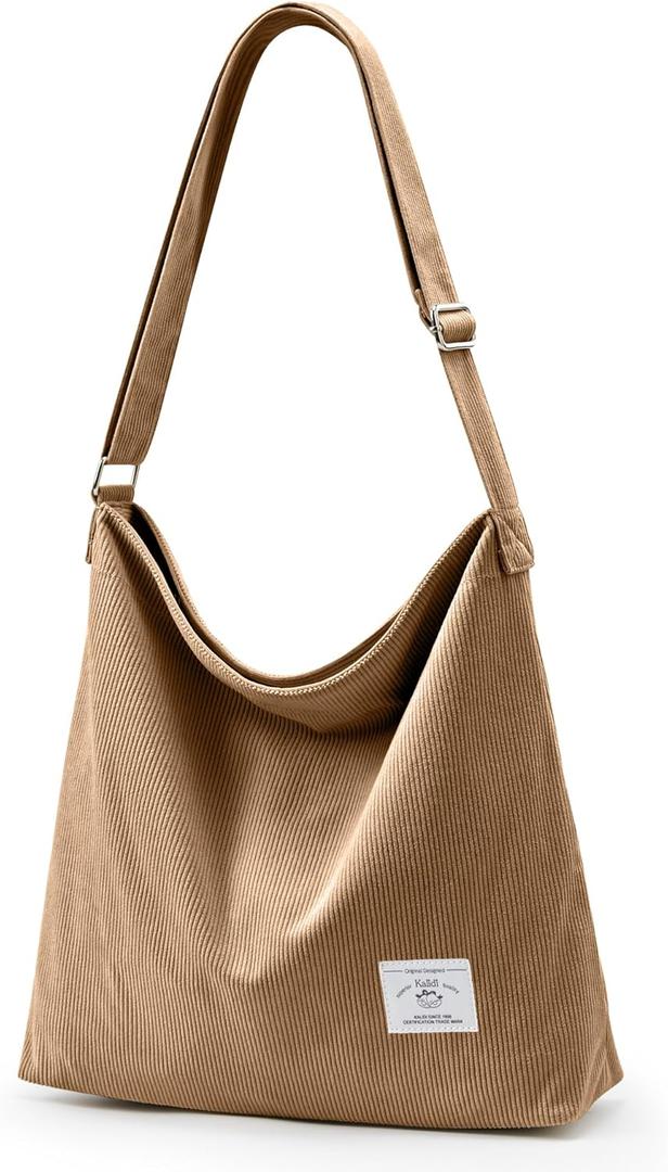 KALIDI Corduroy Tote Bag for Women Casual Zipper Tote Handbag Large Crossbody Hobo Shoulder Bag Work Fashion Women Purse (Khaki)