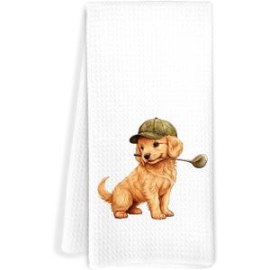 3 x Cute Golden Retriever Puppy Golf Kitchen Towels, Golden Retriever Lovers Gifts, Golfing Puppy Dog Decorative Hand Tea Towels for Bathroom, Unique Pet-Themed Household Towel Gift, 16x24 Inch