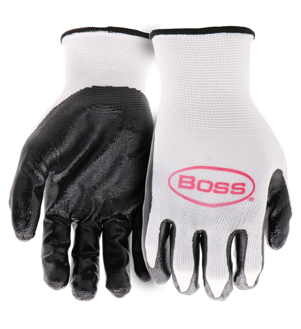 Boss Men's Grip 5-Pack Flat Nitrile Coated Work Glove, Water Resistant, Abrasion Resistant, Superior Grip, Spandex Backing, Black/White, Large, (B31901-L5P