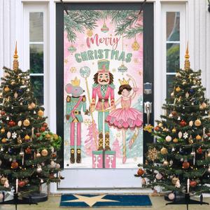 Deroro Merry Christmas Nutcracker Door Cover Decorations, Pink Xmas Tree Front Door Banner Background, Winter Holiday Party Indoor Outdoor Home Decor 3 x 6 FT