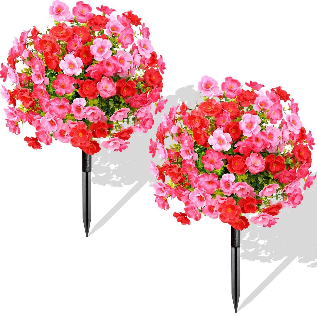 Waipfaru 2 Pack Artificial Flowers Topiary Ball Trees for Outdoors, 24" Fake Bushes Plants, UV Resistant Faux Shrubs with Ground Spike for Front Porch Planters Patio Garden Yard Decor(Red)