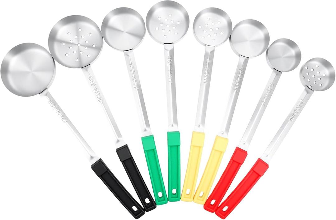 8PCS Portion Control Serving Spoons, 2, 3, 4, 6oz Solid and Slotted Stainless Steel Ladle Spoon for Food Serving Buffet, Spoodle Diet Food Measuring Portion Utensils Control Scoop (4 Colors)