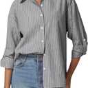 QINSEN Oversized Button Down Shirts for Women Long Sleeve Striped Casual Blouse Cotton Tops (X-Large, Dove)