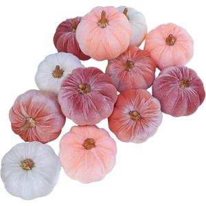Winlyn 12 Pcs Small Rustic Faux Velvet Pumpkins Decorative Blush Coral Pink Peach Ivory Fabric Foam Pumpkins 3" for Fall Wedding Bbay Shower Thanksgiving Halloween Table Centerpiece Dcor