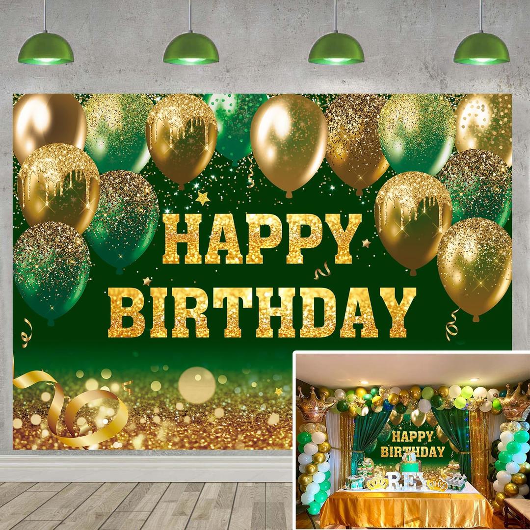 Green Gold Happy Birthday Backdrop Gold Green Glitter Bokeh Balloon Sequin Birthday Photography Background for Women Men Kids Party Decoration Banner (Green, 82x59 inch (7x5FT))