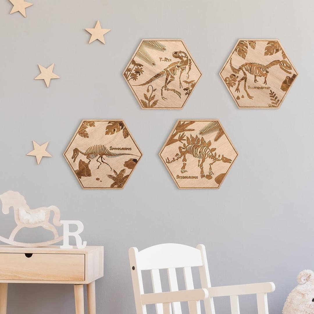 Maitys 4 Pcs Dinosaur Room Wall Decor for Boys 5.1'' x 5.9'' Wooden Dino Wall Art for Kids Baby Nursery Playroom Bedroom Classroom Decorations