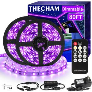 80ft Black Lights Strip with Remote, 1440 LEDs, 12V Flexible Black lights for Glow Party, Adjust Brightness, Delay Off, 3 Light Modes, Indoor Party, Stage Lighting
