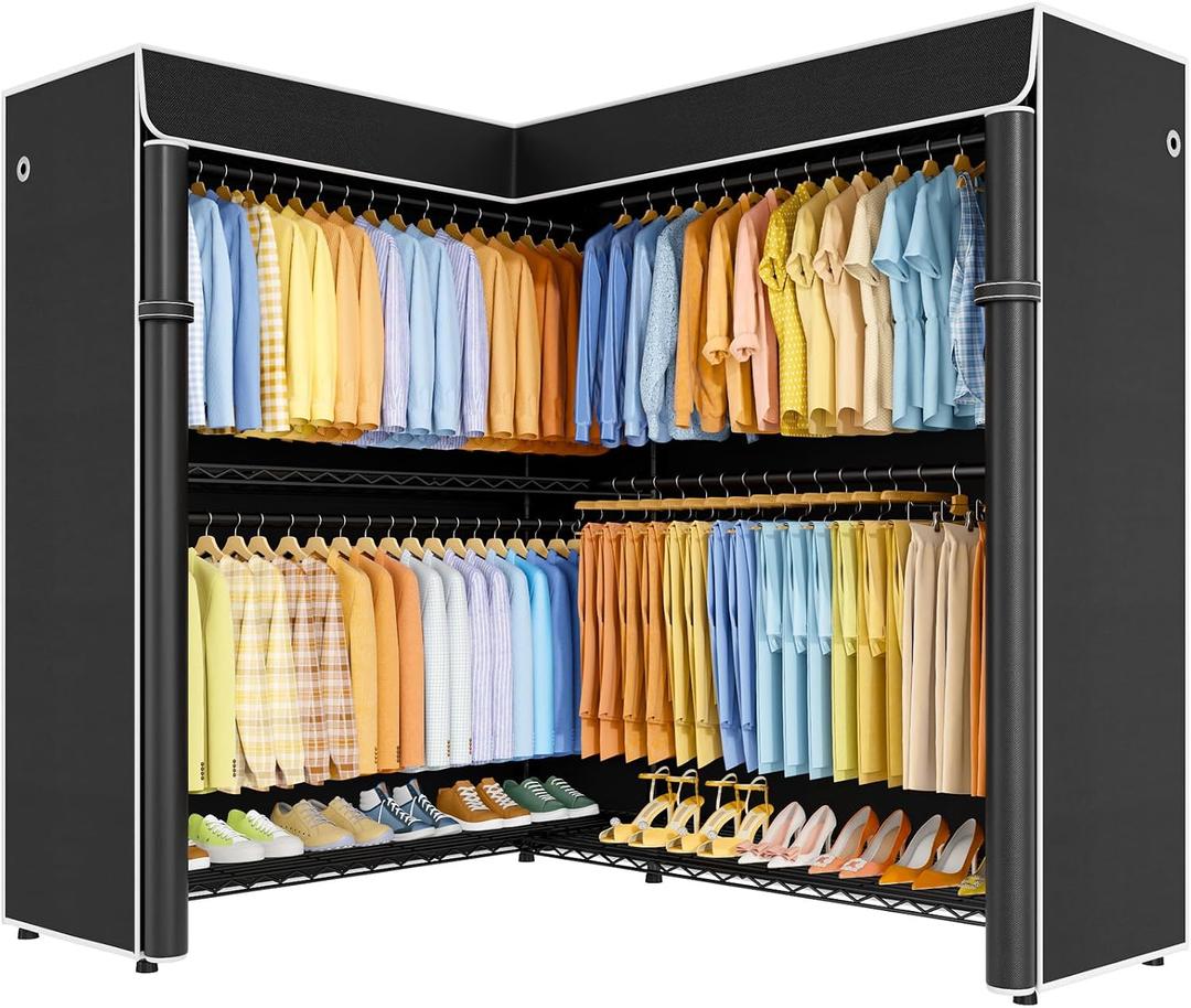 ULIFHOME E15C Max Garment Rack L Shaped Clothes Rack for Corner，Freestanding Clothing Racks for Hanging Clothes，Heavy Duty Closet System 57"W x 15.8"D x 78.4"H，Black Rack with Black Dustproof Cover