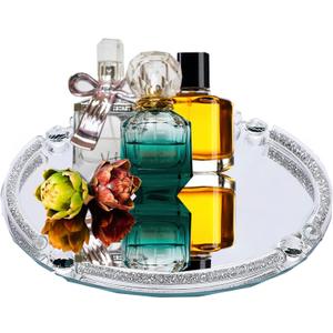 Crystal Dresser Tray, Mirror Glass Makeup Vanity Organizer Filled Crushed Diamond, 10" x 10" Round Jewelry Trinket Perfume Tray for Bathroom Bedroom, Home Decor, Hotel Banquet, Party (Silver)