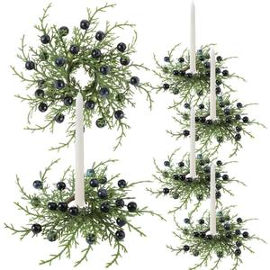Giegxin 6 Pcs Christmas Taper Candle Rings Wreath with Blue Berry 1.25" Inner Diameter Mini Artificial Cedar Pine Garland Candle Ring Holder for Christmas Wedding Winter Home Table Centerpiece (Green)