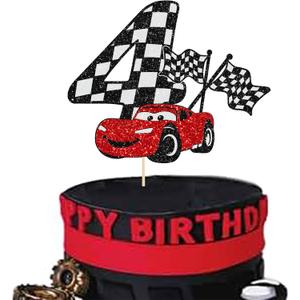 Gyufise 1Pc Race Car 4th Cake Topper Glitter 4th Racing Car Birthday Cake Topper Decoration for Racing Car Checkered Flag Themed Girl Boy 4 Years Birthday Party Supplies