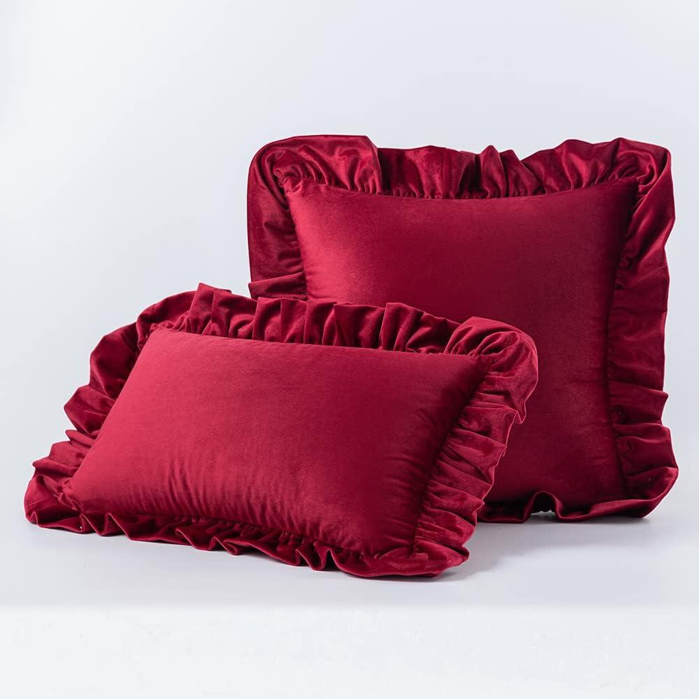 GIGIZAZA Ruby Red Decorative Throw Pillow Covers, 16x16 Velvet Ruffle Cushion Pillow Covers for Sofa Couch Set of 2