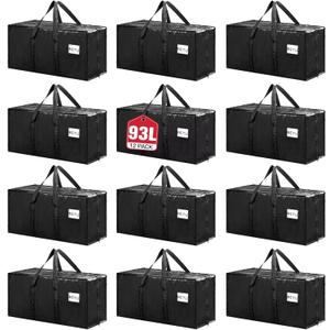 BETU Extra Large Moving Bags Heavy Duty Storage Bags with Zipper Handles, 12 Pack Clothes Storage Totes Bins Packing Moving Boxes, Moving Supplies for College Dorm Essentials, Space Saving, Black