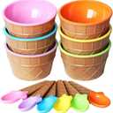 Ice Cream Bowls 6 Pack Plastic Cartoon Ice Cream Cups and Spoons Set - Reusable Cute Candy Color Dessert Yogurt Bowl for Party Favors Birthday Decorations Summer Holiday Supplies