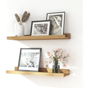 Floating Shelves for Wall Decor, Wall Mounted Wood Storage Shelf for Bedroom, Living Room, Bathroom, Kitchen, Nursery, Display Picture Ledge Shelf with Lip Set of 2-16 Inches, Oak (15.8in)