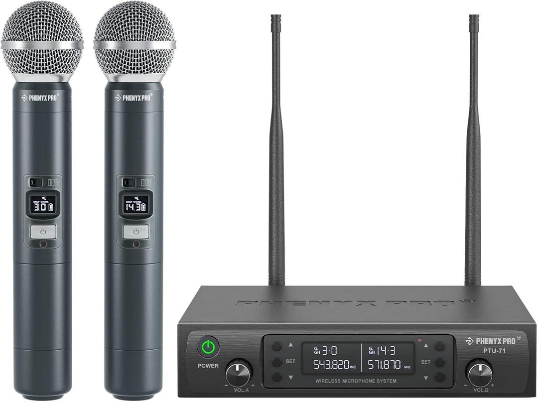 Phenyx Pro Wireless Microphone System, Dual Wireless Mics, w/ 2 Handhelds, Auto Scan, 2x100 UHF Frequencies, 328ft Range, Dynamic Microphone for Singing, Karaoke, Church(PTU-71-2H)