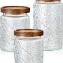 Gerrii 3 Pcs Glass Food Storage Containers 17/24/34 oz Vintage Glass Jar with Lid Begonia Pattern Airtight Candy Food Jars Canisters for Kitchen Counter Pantry Coffee Tea Beans (Round)