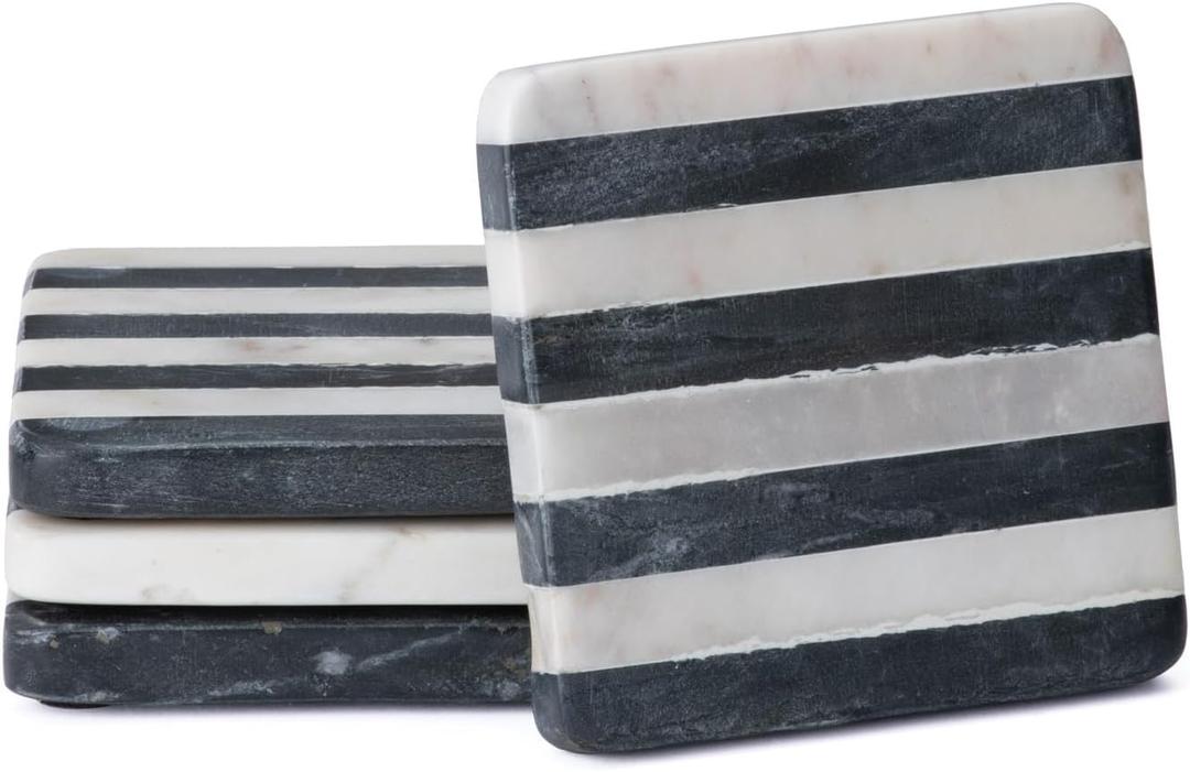 Thirstystone Marble Black & White Striped Coasters with Protective Cork Backing 4" Square Absorbent, Artistic, Elegant
