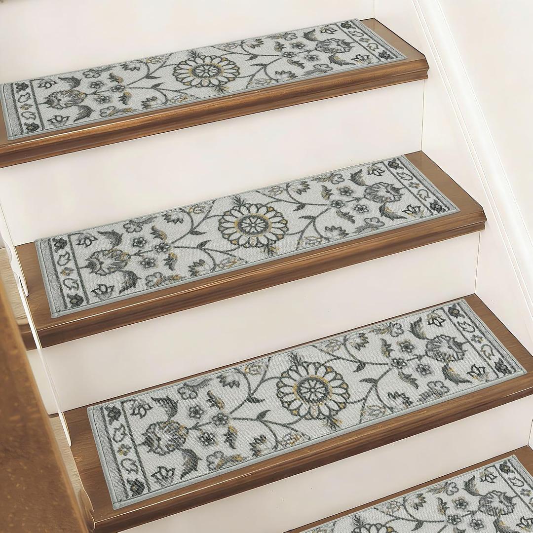 BEQHAUSE Stair Treads for Wooden Steps Non-Slip Machine Washable Carpet Stair Treads 8"X30" Soft Indoor Stair Runner for Kids Elders and Pets, 100% Polyester, TPE Backing, 15pcs, Grey