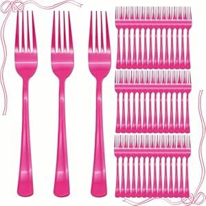 100 Pcs Hot Pink Plastic Forks, Hot Pink Plastic Silverware, Heavy Duty Plastic Cutlery Set Disposable Utensils Sets for Brithday, Wedding, Baby Shower, Bridal Shower