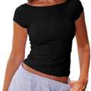 Beumissy Women's Boat Neck Short Sleeve T-Shirts Y2K Cute Going Out Tops Summer Baby Tees, XXS