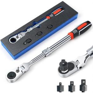 Extendable Ratchet Wrench Set, 72-Tooth Long Socket Wrench Ratchet with 1/4" 3/8" 1/2" Socket Drive Adapat, 180 Flex-Head Ratcheting Set with Soft Grip Handle for Men Mechanic Hand Tools