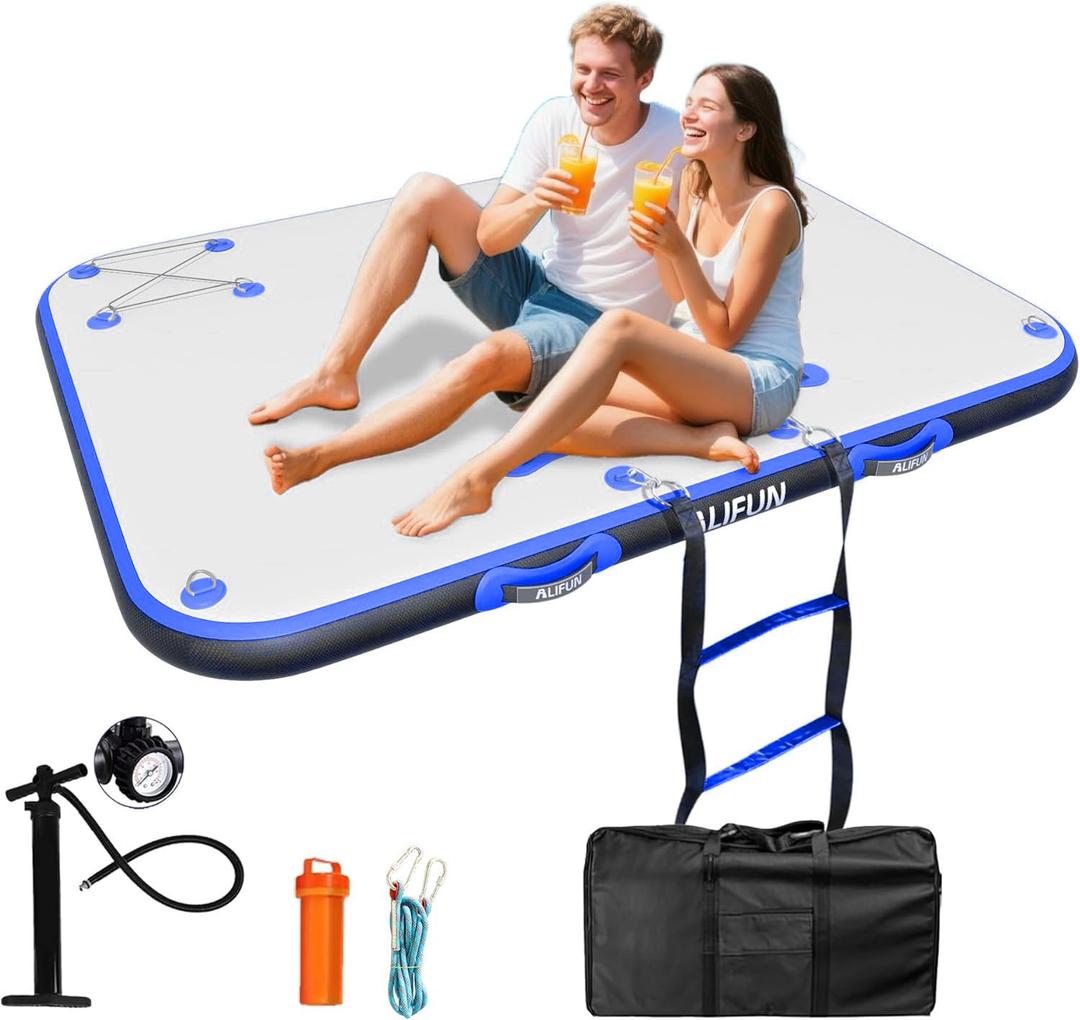 ALIFUN 6ft/8ft Inflatable Floating Dock, 6 Inches Thick Heavy Duty Lake Floats for Adults with Manual Pump, Inflatable Platform Island with Non-Slip Surface for Swimming Pool, River, Beaches and Ocean