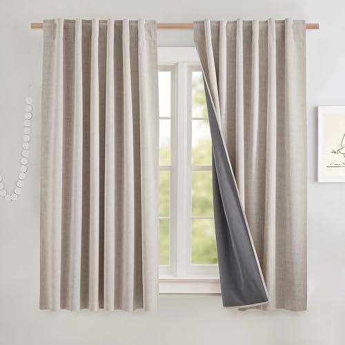 NICETOWN Natural Linen 100% Blackout Short Curtains 48 inches, Thermal Insulated & Noise Reducing Window Draperies with Grey Liner, Short Drapes for Cafe Bar (52" W by 48" L, 2 Panels)