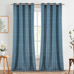jinchan Boho Curtains Linen Blend Curtains for Living Room Blue Boho Drapes 108 Inch Length 9 FT Tall for Bedroom Extra Long Semi Sheer Grommet Drapes Geometric Striped Printed 2 Panels