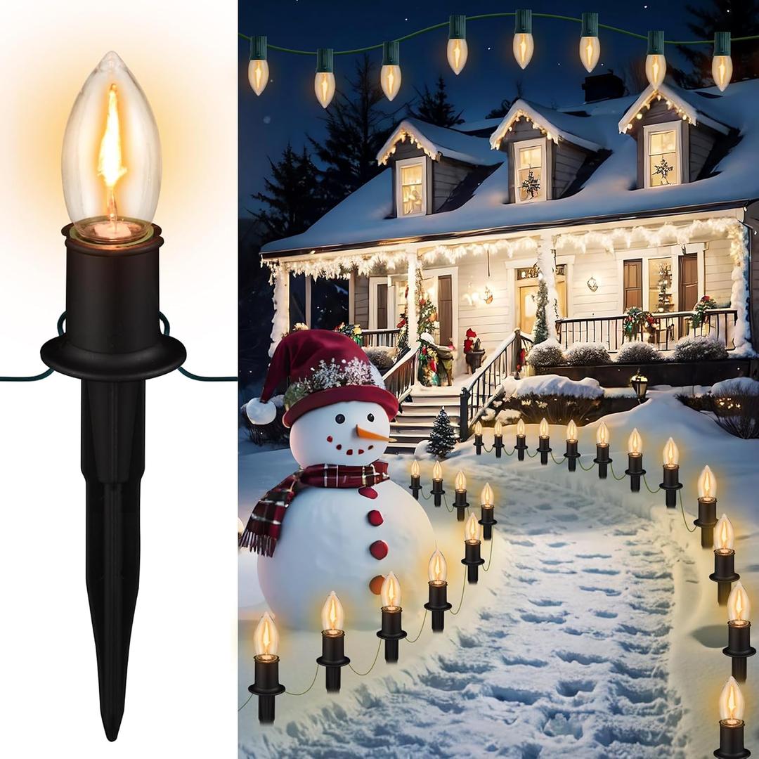 C9 Christmas Pathway Lights Outdoor LED - 24.2 Feet String Lights with 20 Bulbs, Waterproof Christmas Path Lights with Stake for Yard, Garden, Lawn, Walkway, Driveway, Sidewalk, Warm White (1 Pack)