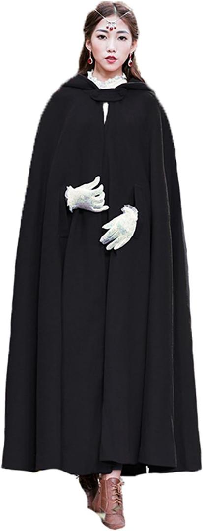 Baoqiya Women's Wool Blend Capes Hooded Cloak Outwear Poncho Warm Autumn and Winter Coat (Black), One Size