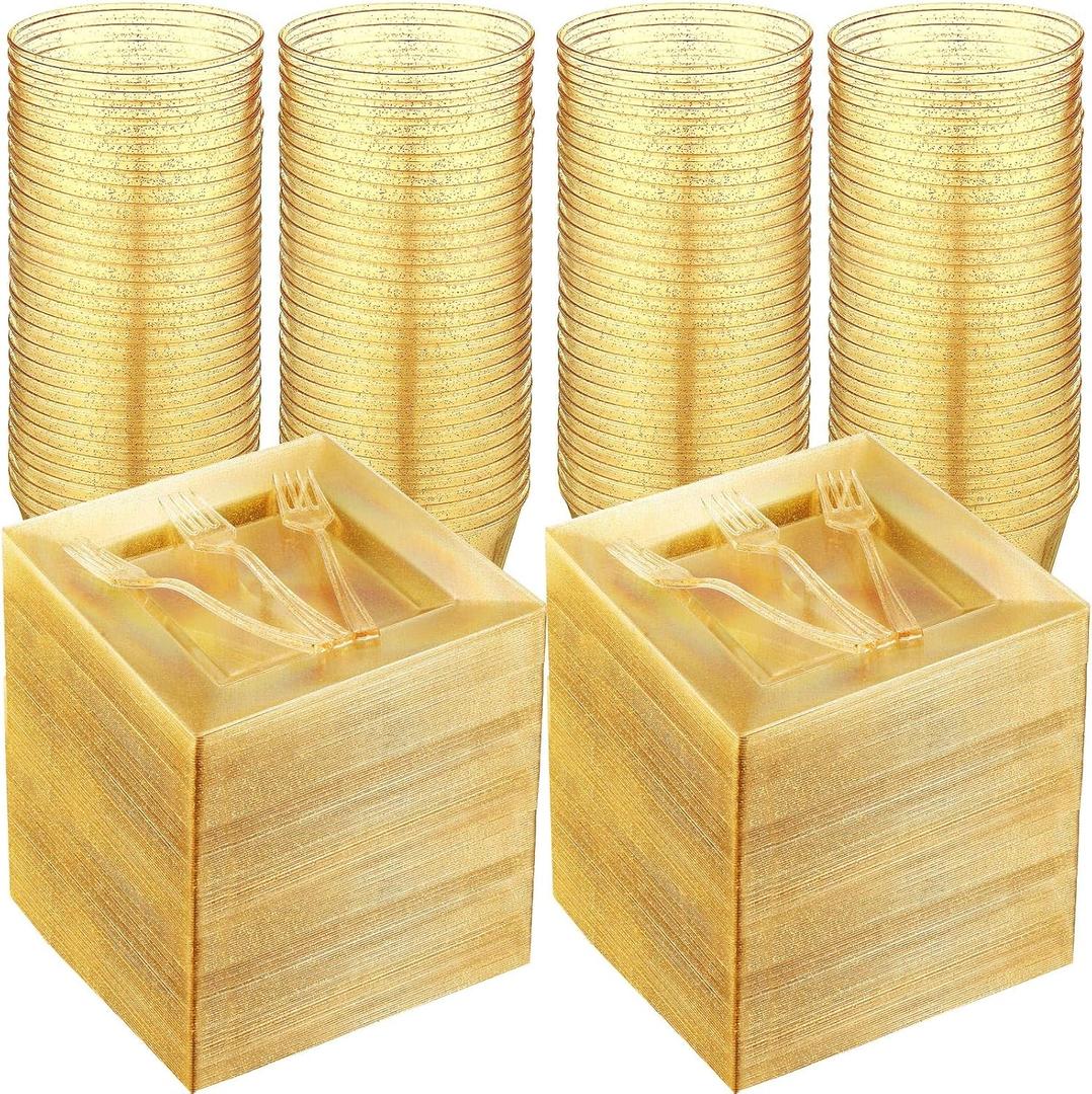 Mifoci 300 Pcs Gold Glitter Plastic Plates Set for Party 100 Pcs 6.5 Inch Plastic Plates with 100 Forks and 100 9 oz Cups for Wedding Party Halloween(Gold Glitter)