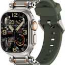 TAURI Silicone Band for Apple Watch Bands SE/Series 9/8/7/6/5/4 44/45mm [Stainless Steel Metal Connector + Liquid Silicone Strap] for iWatch 45mm/44mm Adjustable Band Men Women, Army Green