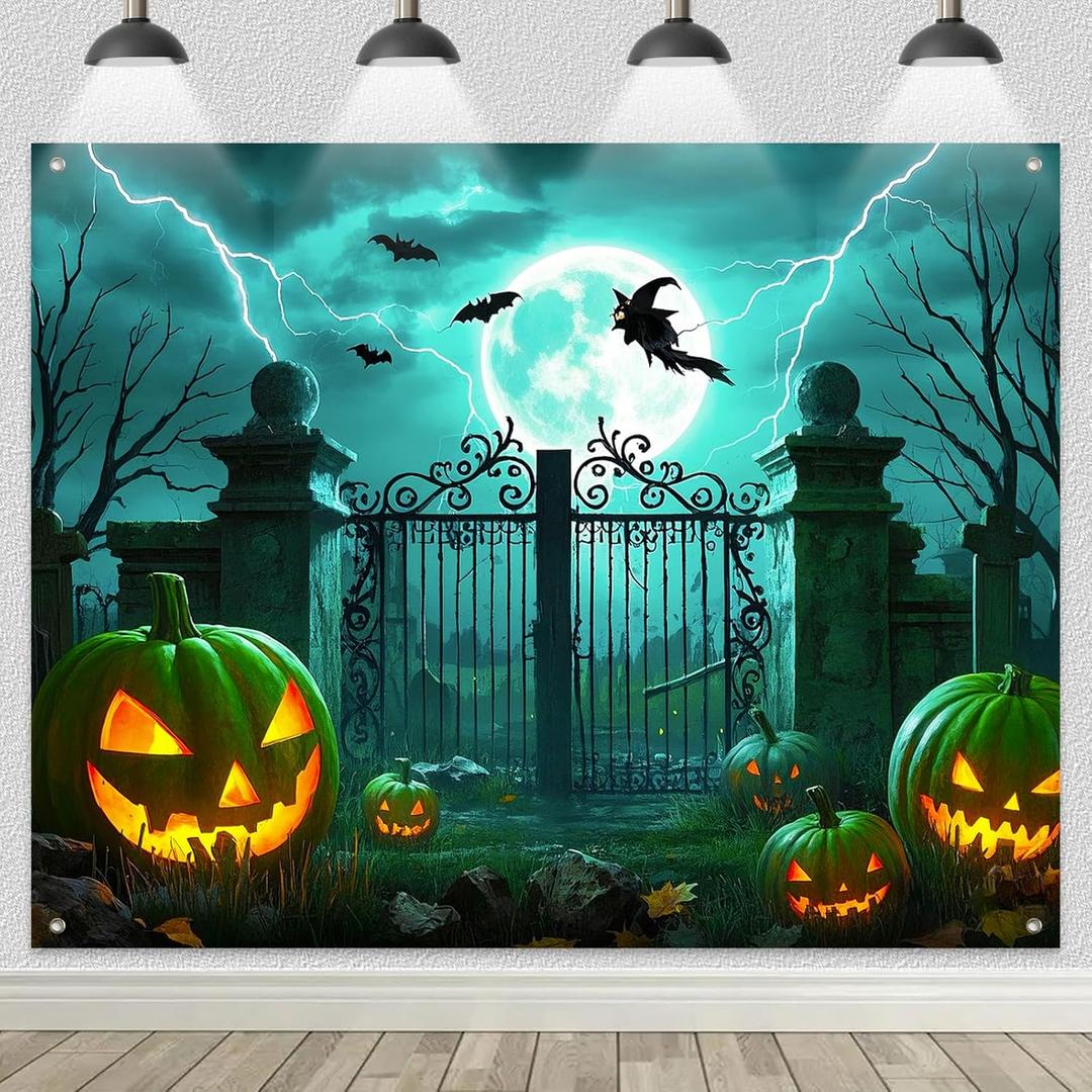 8x6ft Halloween Backdrop Banner Spooky Cemetery Gate Glowing Pumpkins Bats Scene Perfect for Horror Party Decor Photo Booth Background Indoor Outdoor Celebrations