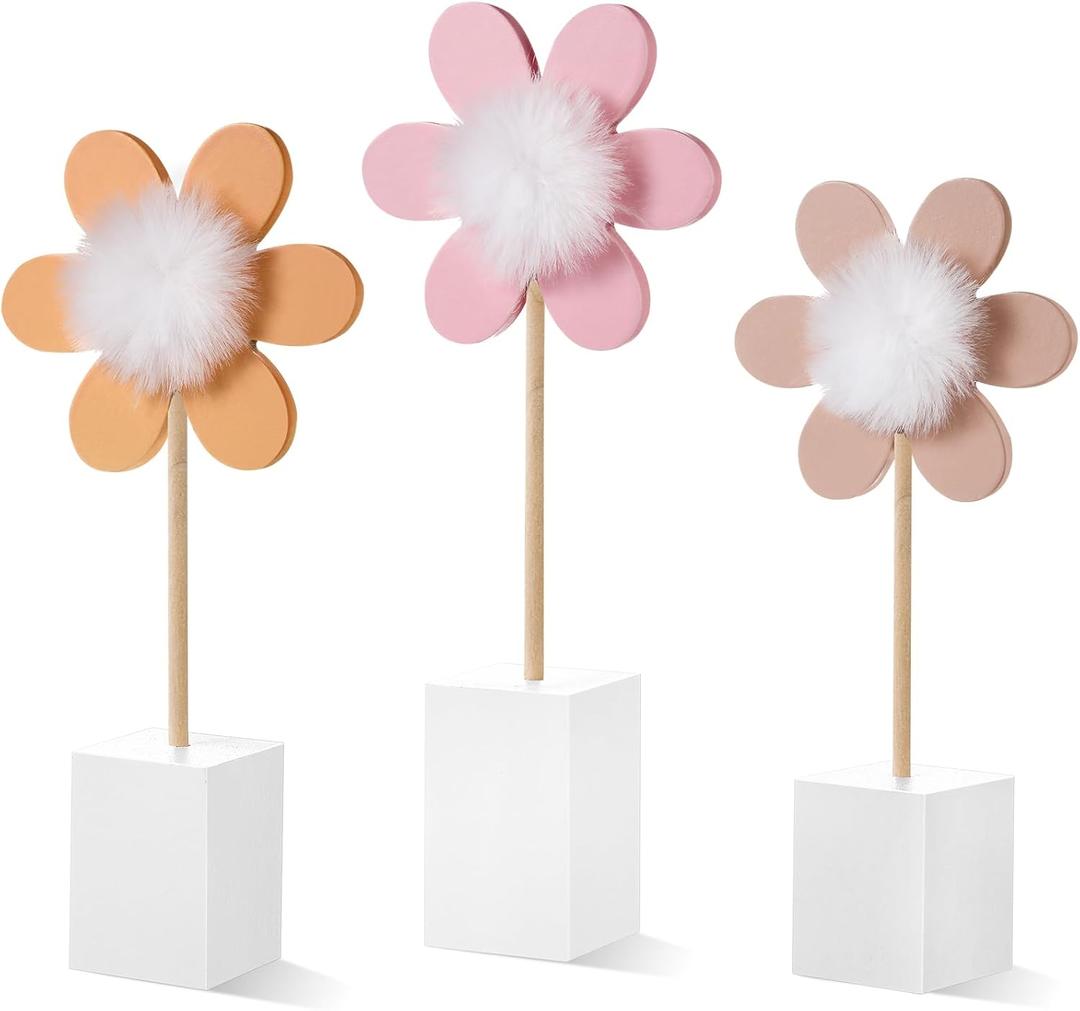 Chunful 3 Pcs Daisy Nursery Shelf Decor Boho Daisy Table Centerpieces Wooden Flower Nursery Decor Bohemian Style Standing Tabletop Decoration for Home Bedroom Bookshelf Party Gift(Pink)