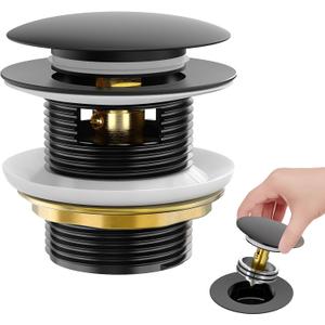 BOTEMY Solid Brass Pop-Up Drain with Overflow for Freestanding Tubs, Tool-Free Installation Bathtub Drain Stopper with Matte Black Finish, Universal Fit 1.8" Hole, Leak-Proof Heavy DutyMatte Black