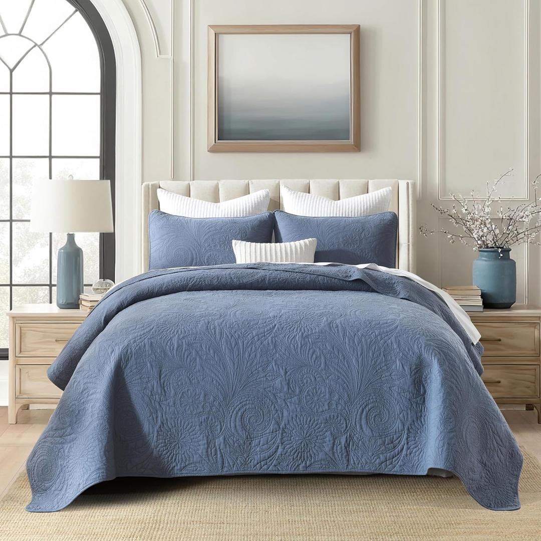 Cotton California King Size Comforter SetRetro Blue BeddingPaisley BedspreadsSoft Cotton Quilt Solid Color (118*106) with 2 Pillow ShamsLightweight Bedspread All Seasons 3 Piece